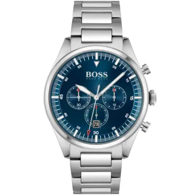 Hugo Boss Watch Men Blue Dial Metal Stainless Steel Silver Strap Quartz Battery Analog Chronograph Pioneer 1513867