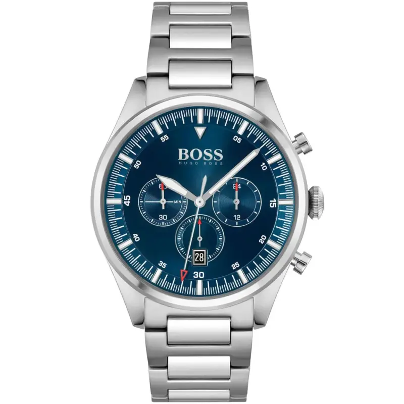 Hugo Boss Watch Men Blue Dial Metal Stainless Steel Silver Strap Quartz Battery Analog Chronograph Pioneer 1513867