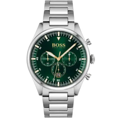 Hugo Boss Watch Men Green Dial Metal Stainless Steel Silver Strap Quartz Battery Analog Chronograph Pioneer 1513868