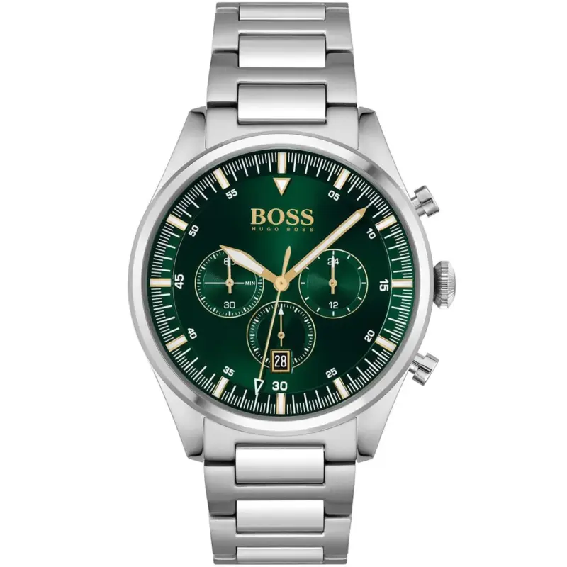 Hugo Boss Watch Men Green Dial Metal Stainless Steel Silver Strap Quartz Battery Analog Chronograph Pioneer 1513868