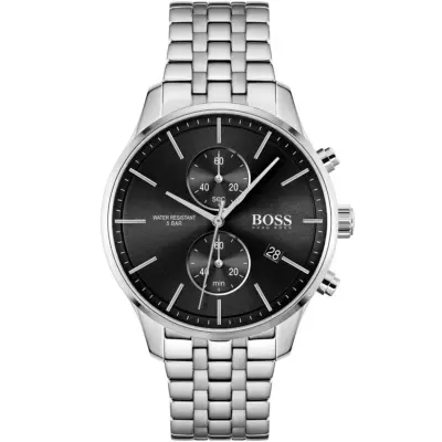 Hugo Boss Watch Water Resistant 5bar Men Black Dial Metal Stainless Silver Strap Quartz Battery Analog Chronograph Associate 1513869