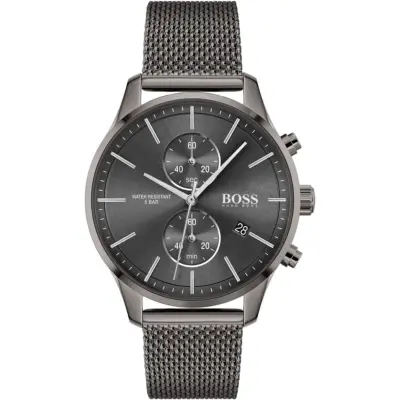 Hugo Boss Watch Water Resistant 5bar Men Gray Dial Metal Stainless Mesh Strap Quartz Battery Analog Chronograph Associate 1513870