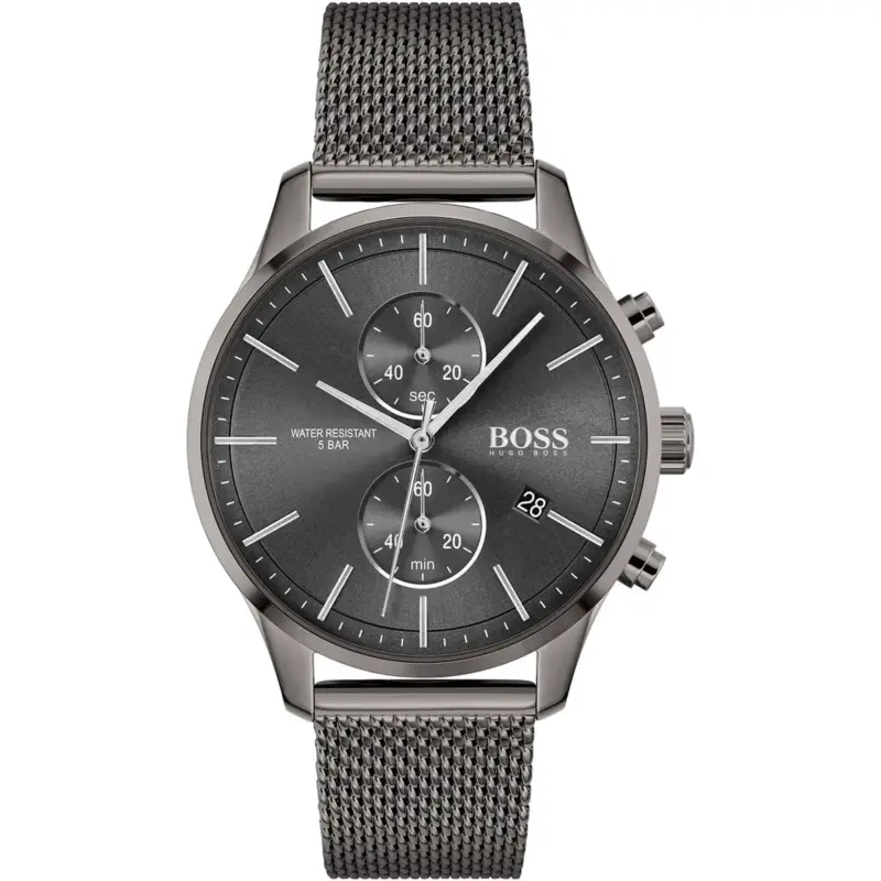 Hugo Boss Watch Water Resistant 5bar Men Gray Dial Metal Stainless Mesh Strap Quartz Battery Analog Chronograph Associate 1513870