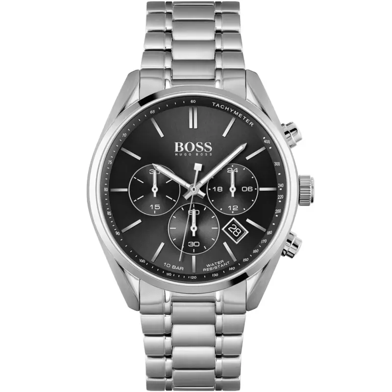Hugo Boss Watch 10bar Water Resistant Men Black Dial Metal Stainless Silver Strap Quartz Battery Analog Chronograph Champion 1513871