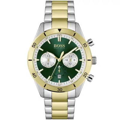 Hugo Boss Watch Men Green Dial Metal Stainless Steel Silver Gold Strap Quartz Battery Analog Chronograph Santiago 1513872