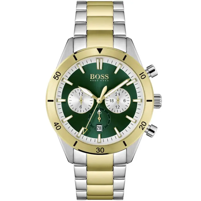 Hugo Boss Watch Men Green Dial Metal Stainless Steel Silver Gold Strap Quartz Battery Analog Chronograph Santiago 1513872