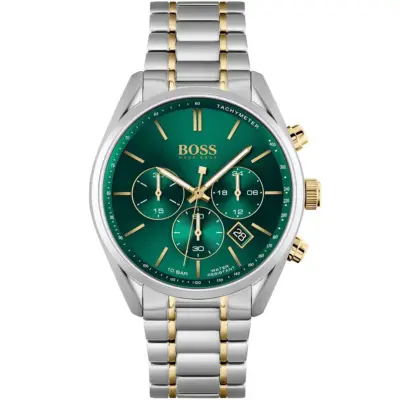 Hugo Boss Watch Men Green Dial Metal Stainless Steel Silver Gold Strap Quartz Battery Analog Chronograph 10bar Water Resistant Champion 1513878