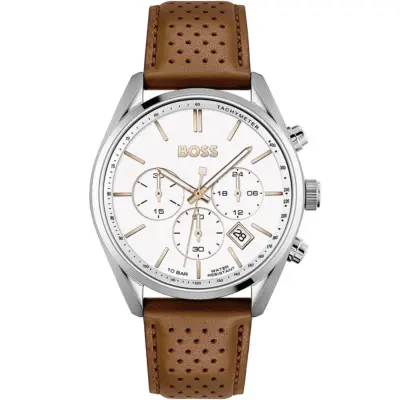 Hugo Boss Watch 10bar Water Resistant Men White Dial Leather Brown Strap Quartz Battery Analog Chronograph Champion 1513879