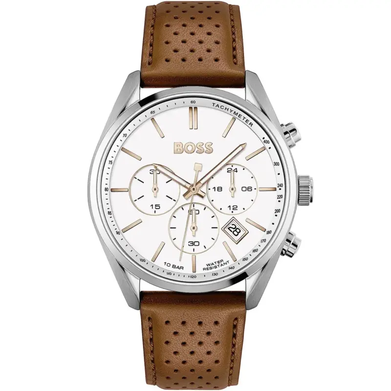Hugo Boss Watch 10bar Water Resistant Men White Dial Leather Brown Strap Quartz Battery Analog Chronograph Champion 1513879