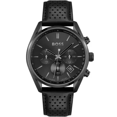 Hugo Boss Watch 10bar Water Resistant Men Black Dial Leather Strap Quartz Battery Analog Chronograph Champion 1513880