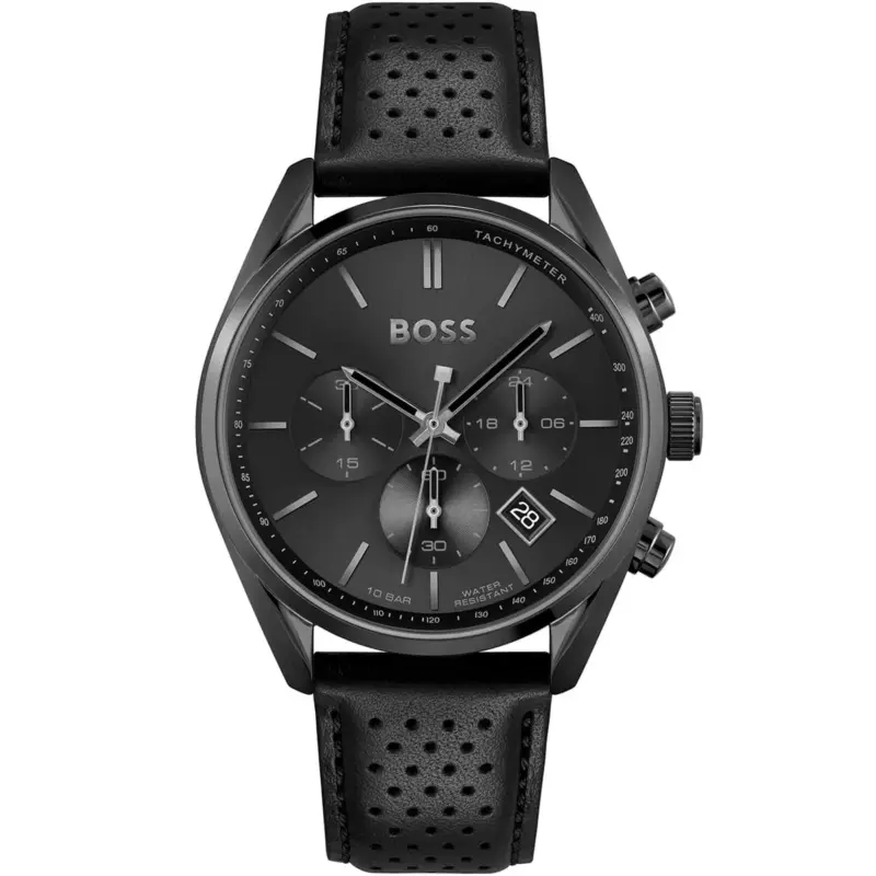 Hugo Boss Watch 10bar Water Resistant Men Black Dial Leather Strap Quartz Battery Analog Chronograph Champion 1513880