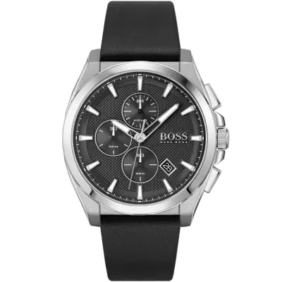 Hugo Boss Watch Men Black Dial Leather Strap Quartz Battery Analog Chronograph Grandmaster 1513881