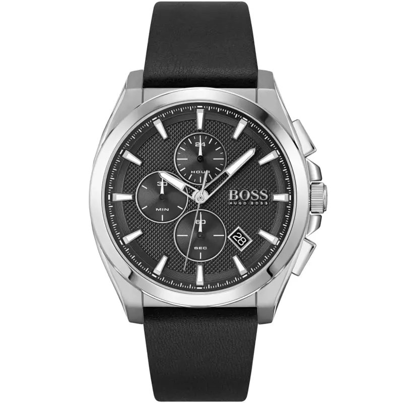 Hugo Boss Watch Men Black Dial Leather Strap Quartz Battery Analog Chronograph Grandmaster 1513881