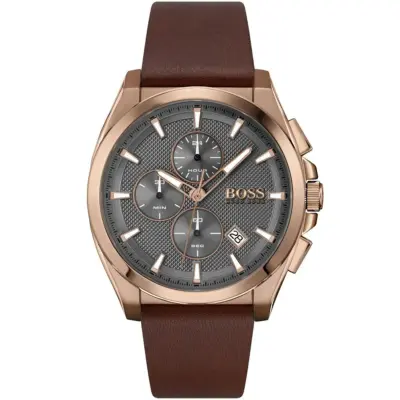 Hugo Boss Watch Men Gray Dial Leather Brown Strap Quartz Battery Analog Chronograph Grandmaster 1513882