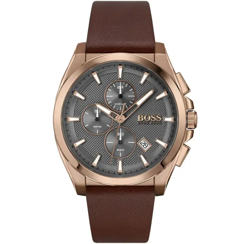 Hugo Boss Watch Men Gray Dial Leather Brown Strap Quartz Battery Analog Chronograph Grandmaster 1513882