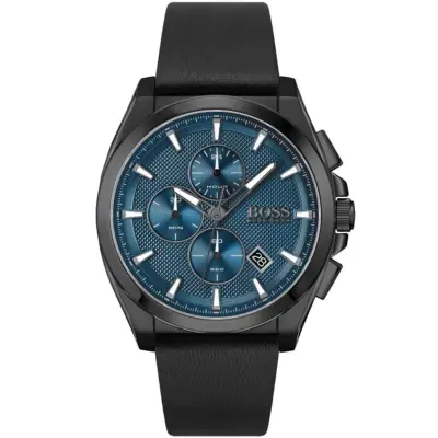 Hugo Boss Watch Men Blue Dial Leather Black Strap Quartz Battery Analog Chronograph Grandmaster 1513883
