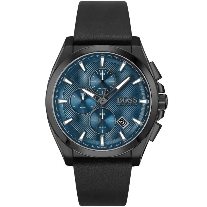 Hugo Boss Watch Men Blue Dial Leather Black Strap Quartz Battery Analog Chronograph Grandmaster 1513883