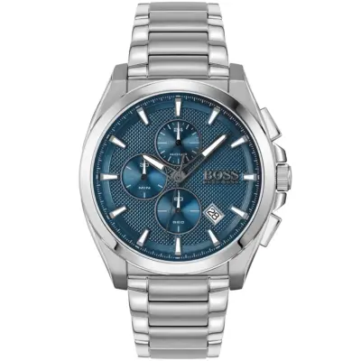 Hugo Boss Watch Men Blue Dial Metal Stainless Steel Silver Strap Quartz Battery Analog Chronograph Grandmaster 1513884