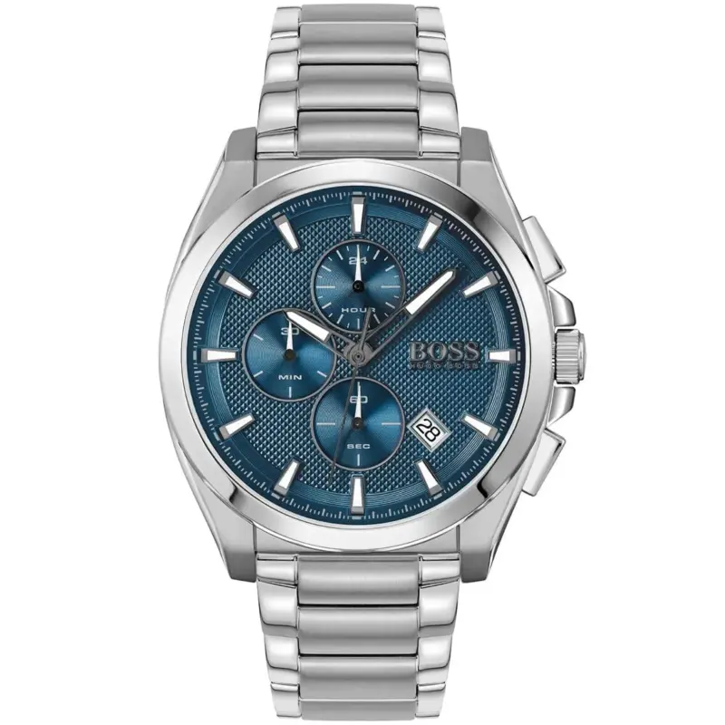 Hugo Boss Watch Men Blue Dial Metal Stainless Steel Silver Strap Quartz Battery Analog Chronograph Grandmaster 1513884