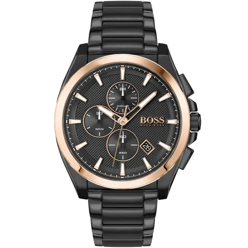 Hugo Boss Watch Men Black Dial Metal Stainless Steel Strap Quartz Battery Analog Chronograph Grandmaster 1513885