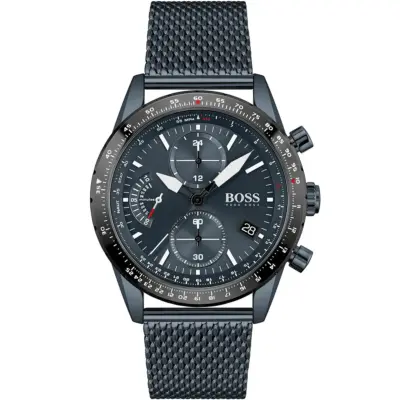 Hugo Boss Watch Men Blue Dial Metal Stainless Mesh Strap Quartz Battery Analog Chronograph Pilot Edition 1513887