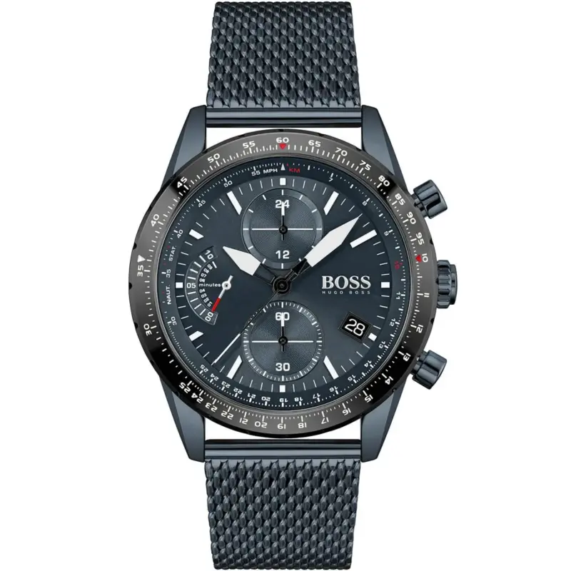 Hugo Boss Watch Men Blue Dial Metal Stainless Mesh Strap Quartz Battery Analog Chronograph Pilot Edition 1513887