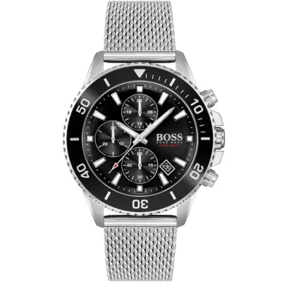 Hugo Boss Watch 10bar 330ft Men Black Dial Metal Stainless Silver Mesh Strap Quartz Battery Analog Chronograph Admiral 1513904 - Tia