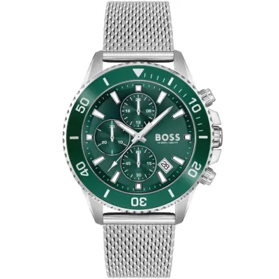 Hugo Boss Watch Men Green Dial Metal Stainless Steel Silver Mesh Strap Quartz Battery Analog Chronograph 10bar 330ft Admiral 1513905