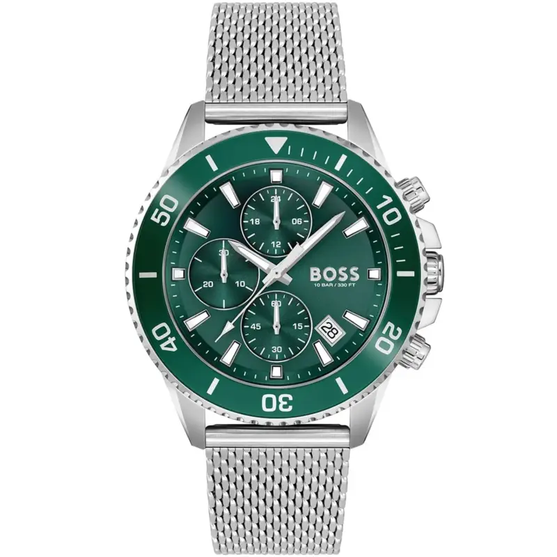 Hugo Boss Watch Men Green Dial Metal Stainless Steel Silver Mesh Strap Quartz Battery Analog Chronograph 10bar 330ft Admiral 1513905