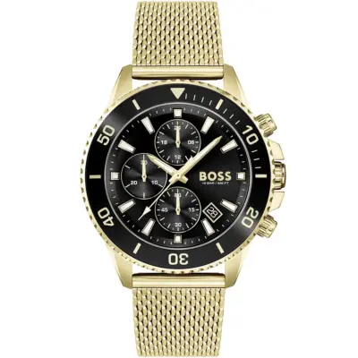 Hugo Boss Watch 10bar 330ft Men Black Dial Metal Stainless Gold Mesh Strap Quartz Battery Analog Chronograph Admiral 1513906