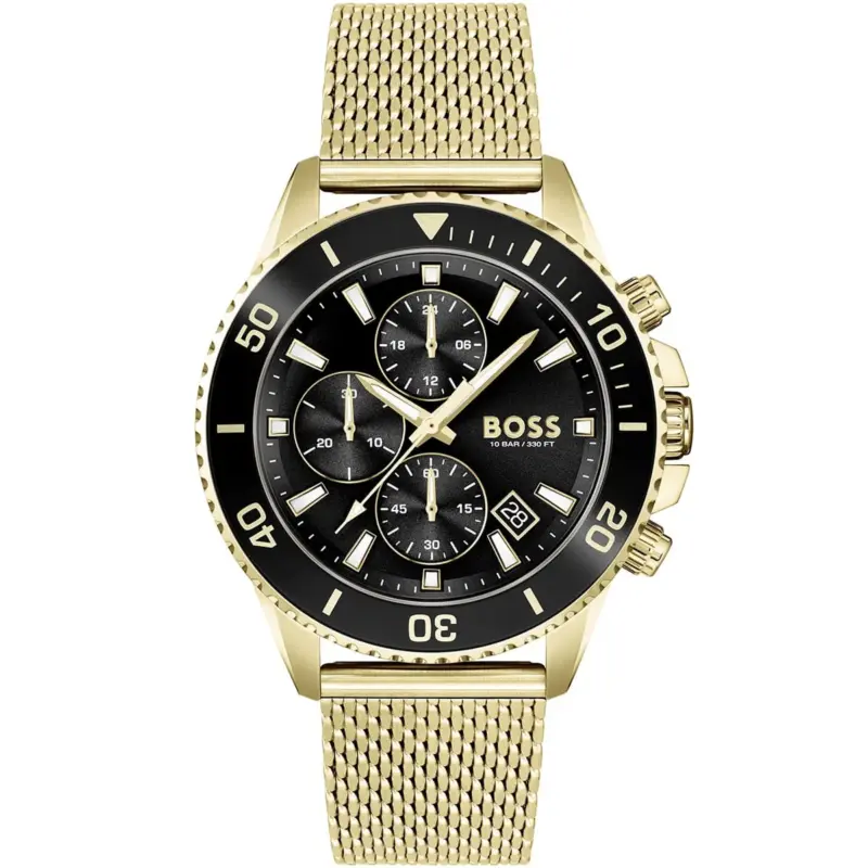 Hugo Boss Watch 10bar 330ft Men Black Dial Metal Stainless Gold Mesh Strap Quartz Battery Analog Chronograph Admiral 1513906