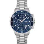 Hugo Boss Watch Men Blue Dial Metal Stainless Steel Silver Strap Quartz Battery Analog Chronograph 10bar 330ft Admiral 1513907
