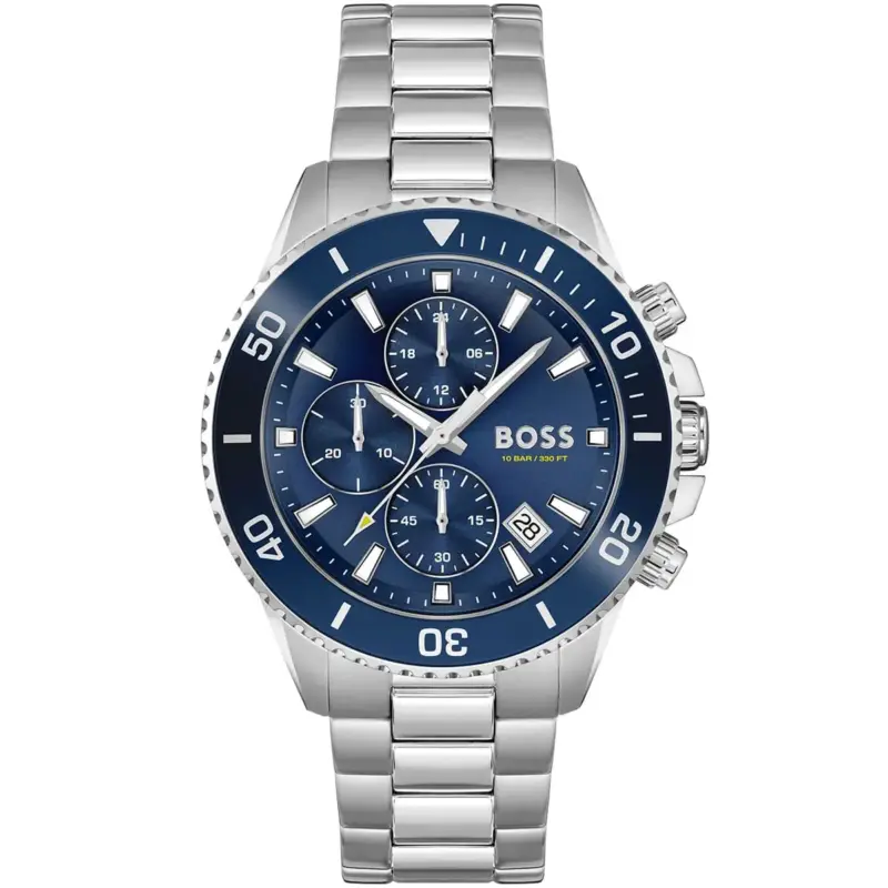 Hugo Boss Watch Men Blue Dial Metal Stainless Steel Silver Strap Quartz Battery Analog Chronograph 10bar 330ft Admiral 1513907
