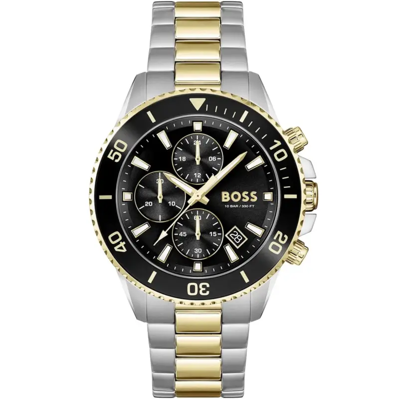 Hugo Boss Watch 10bar 330ft Men Black Dial Metal Stainless Silver Gold Strap Quartz Battery Analog Chronograph Admiral 1513908