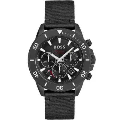 Hugo Boss Watch 5bar 165ft Solar Movement Ocean Plastic Case Men Black Dial Fibers Strap Quartz Battery Analog Chronograph Admiral 1513918