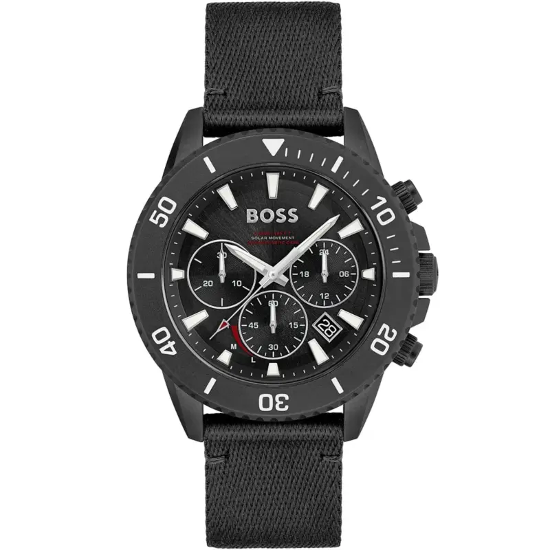 Hugo Boss Watch 5bar 165ft Solar Movement Ocean Plastic Case Men Black Dial Fibers Strap Quartz Battery Analog Chronograph Admiral 1513918