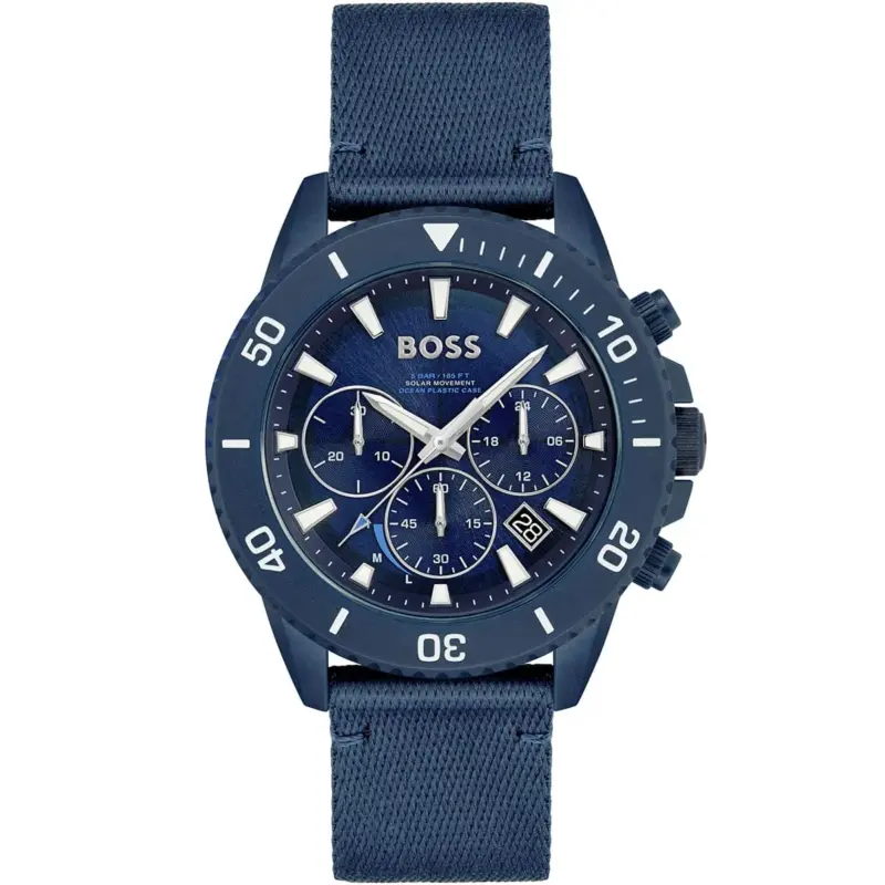 Hugo Boss Watch 5bar 165ft Solar Movement Ocean Plastic Case Men Blue Dial Fibers Strap Quartz Battery Analog Chronograph Admiral 1513919