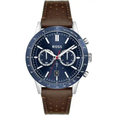 Hugo Boss Watch Men Blue Dial Leather Brown Strap Quartz Battery Analog Chronograph Allure 1513921