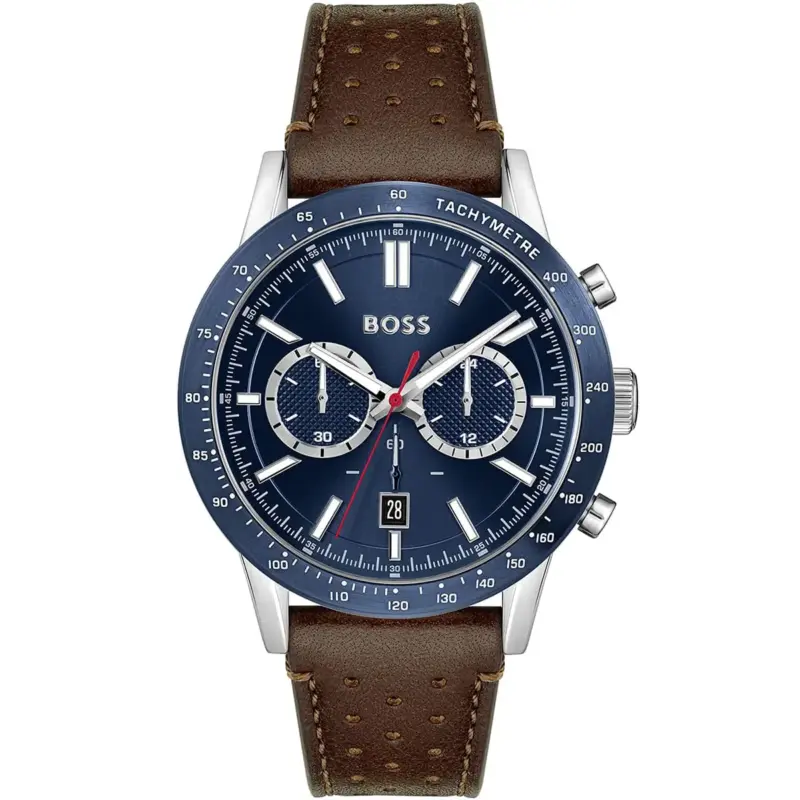 Hugo Boss Watch Men Blue Dial Leather Brown Strap Quartz Battery Analog Chronograph Allure 1513921