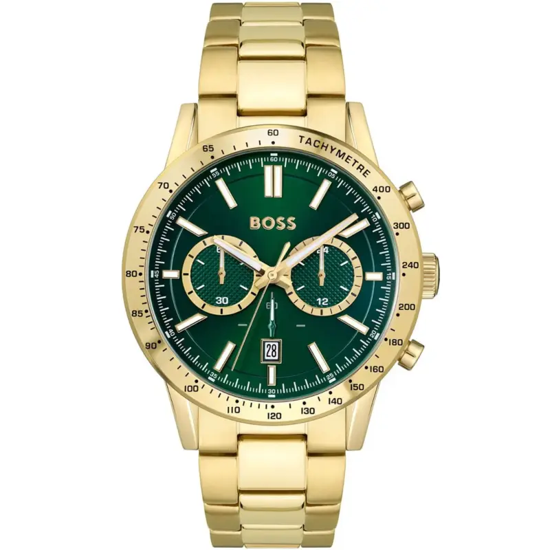 Hugo Boss Watch Men Green Dial Metal Stainless Gold Strap Quartz Battery Analog Chronograph Allure 1513923