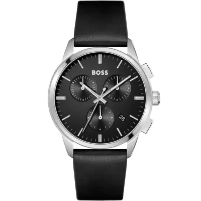 Hugo Boss Watch Men Black Dial Leather Strap Quartz Battery Analog Chronograph Dapper 1513925