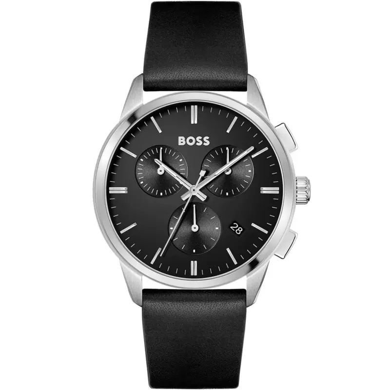 Hugo Boss Watch Men Black Dial Leather Strap Quartz Battery Analog Chronograph Dapper 1513925