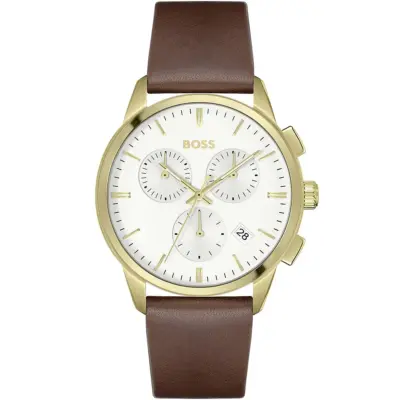 Hugo Boss Watch Men White Dial Leather Brown Strap Quartz Battery Analog Chronograph Dapper 1513926
