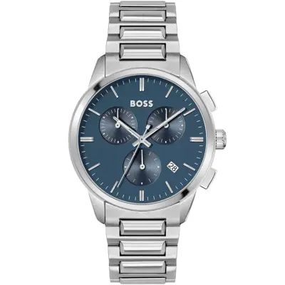 Hugo Boss Watch Men Blue Dial Metal Stainless Silver Strap Quartz Battery Analog Chronograph Dapper 1513927
