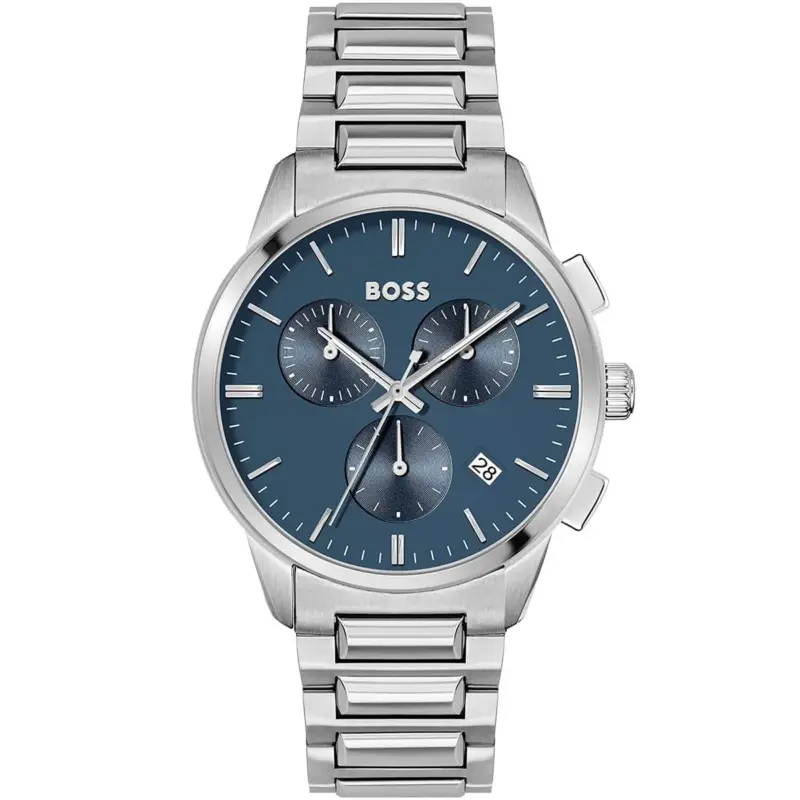 Hugo Boss Watch Men Blue Dial Metal Stainless Silver Strap Quartz Battery Analog Chronograph Dapper 1513927