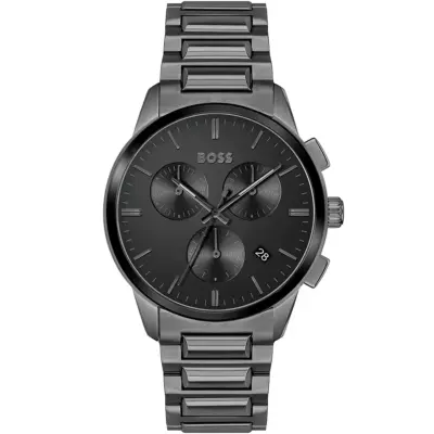 Hugo Boss Watch Men Black Dial Metal Stainless Gray Strap Quartz Battery Analog Chronograph Dapper 1513929