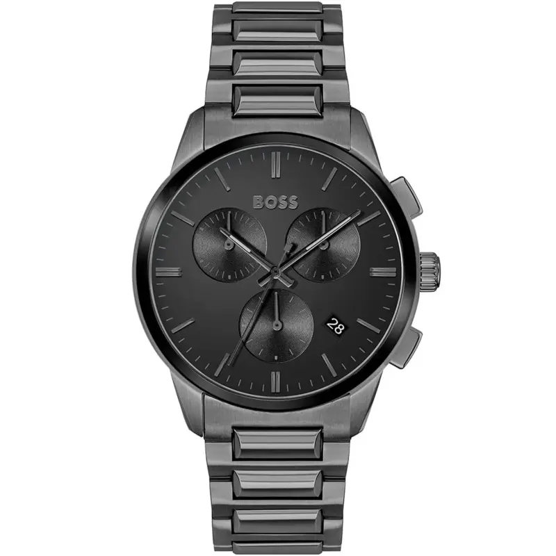 Hugo Boss Watch Men Black Dial Metal Stainless Gray Strap Quartz Battery Analog Chronograph Dapper 1513929