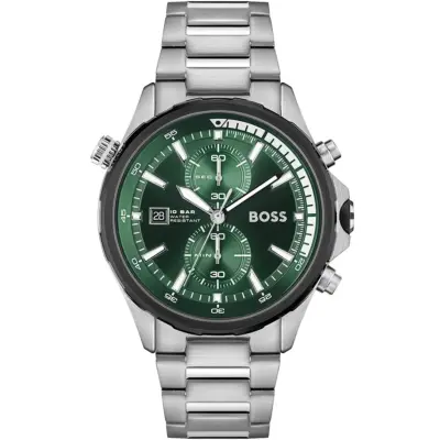 Hugo Boss Watch 10bar Water Resistant Men Green Black Dial Metal Stainless Silver Strap Quartz Battery Analog Chronograph Globetrotter 1513930