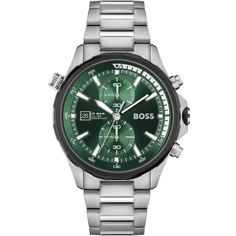 Hugo Boss Watch 10bar Water Resistant Men Green Black Dial Metal Stainless Silver Strap Quartz Battery Analog Chronograph Globetrotter 1513930
