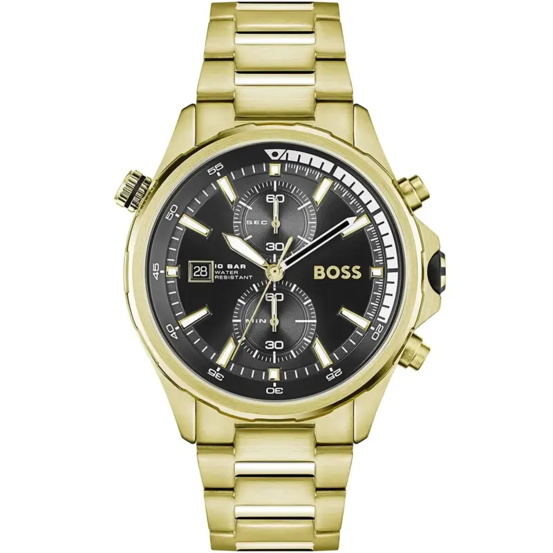 Hugo Boss Watch 10bar Water Resistant Men Black Dial Metal Stainless Gold Strap Quartz Battery Analog Chronograph Globetrotter 1513932